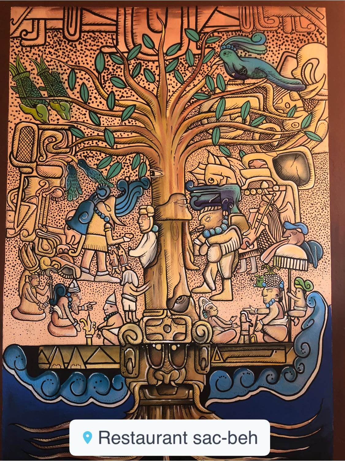 Fotografía de moral artístico representando el árbol de la vida maya.